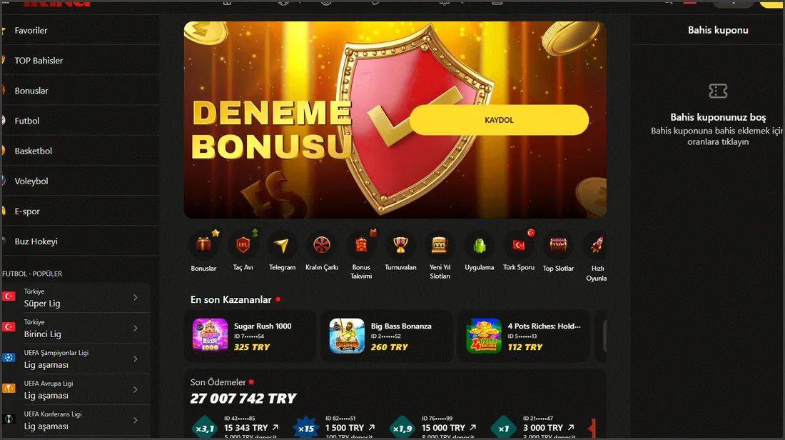 1 King ana sayfa görünümü: spor menüsü, deneme bonusu ve son kazananlar – detaylı görünüm 1 King ana sayfa görünümü: spor menüsü, deneme bonusu ve son kazananlar – detaylı görünüm